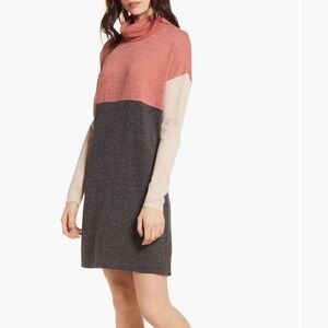 Socialite Colorblock Turtleneck Knit Dress in Pink and Gray